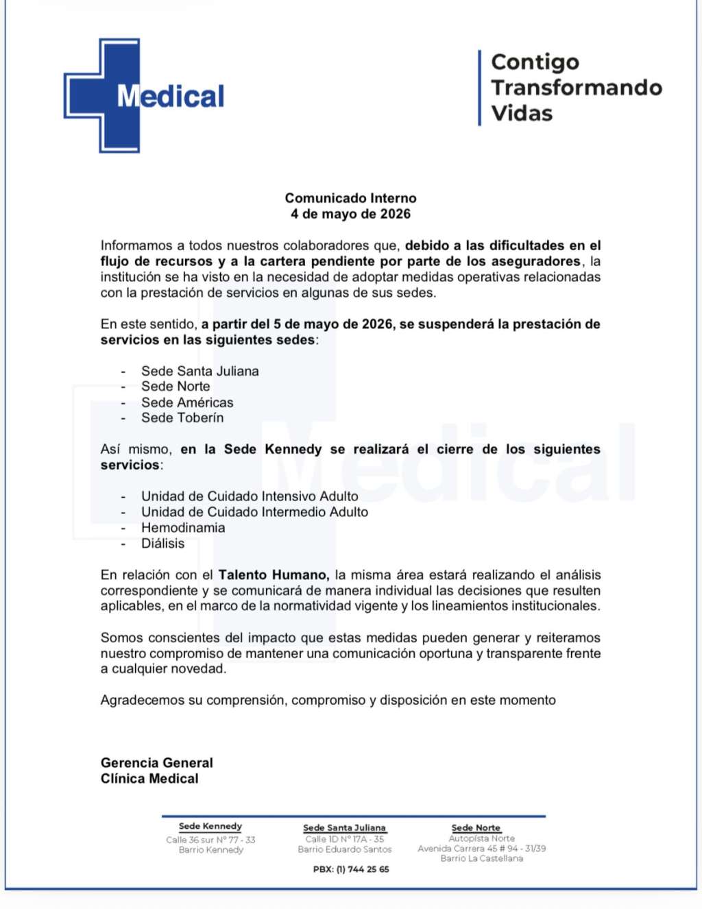 Este es el comunicado publicado por la Clínica Medical.