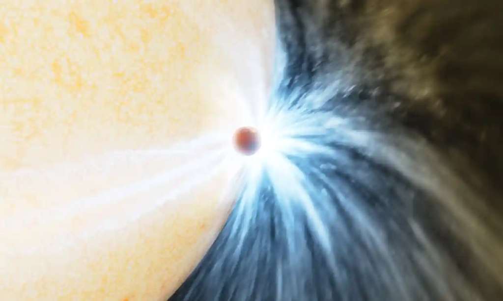 Ilustración de un artista muestre un planeta condenado rozando la superficie de su estrella