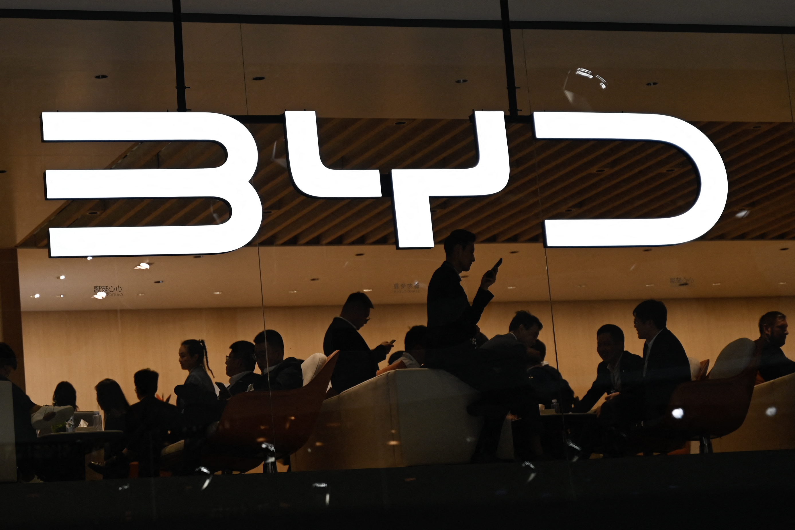 (FILES) BYD logo is displayed at the Beijing Auto Show on April 25, 2024.