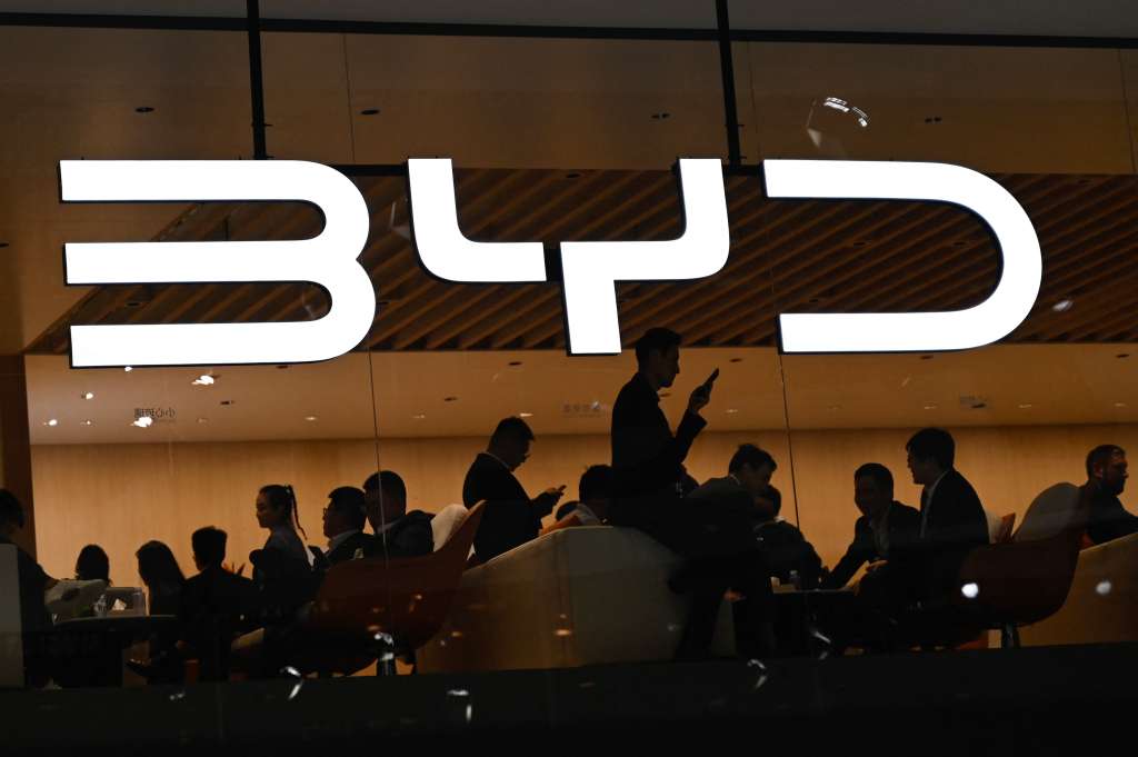 (FILES) BYD logo is displayed at the Beijing Auto Show on April 25, 2024.