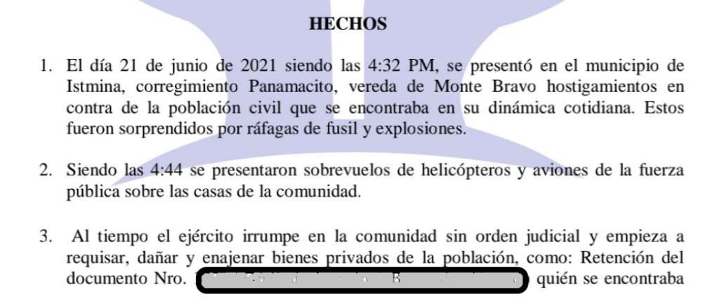 Apartes del informe de la Personería de Istmina, Chocó, sobre los hechos ocurridos en la vereda Montebravo en junio de 2021.