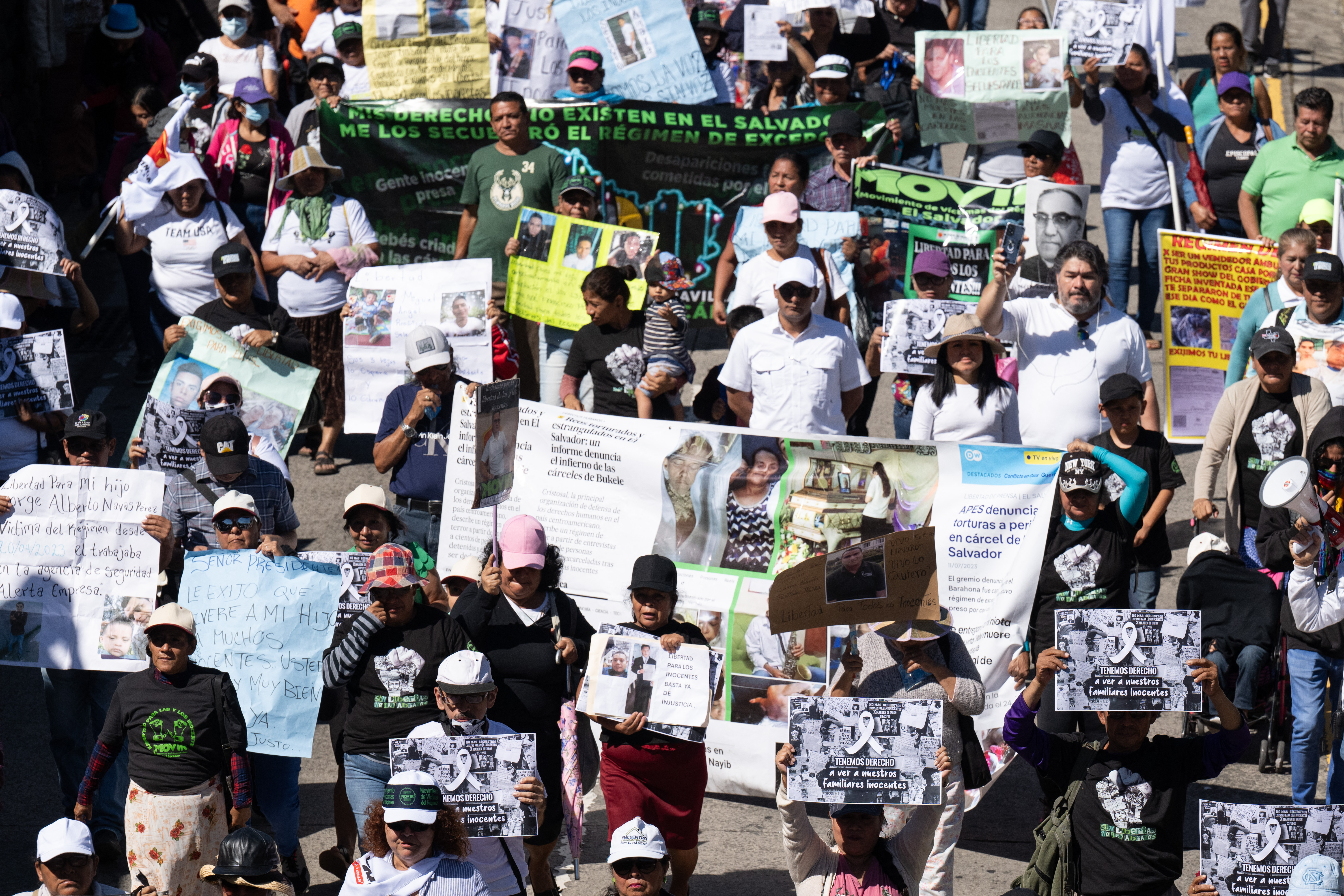 Demonstrators march during a demonstration of health care workers and teacher´s unions against budget cuts announced by the Salvadoran Government and Legislative Assembly in San Salvador, El Salvador, on November 23, 2024.