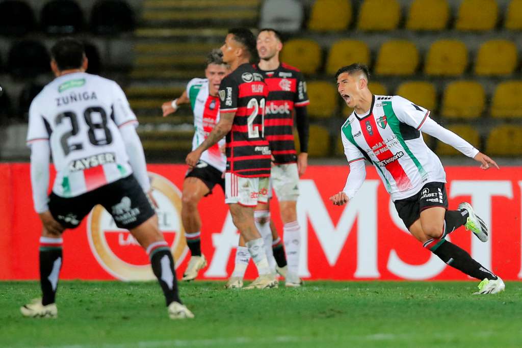 El mediocampista de Palestino Fernando Cornejo (R) celebra después de anotar durante el partido de fútbol de vuelta de la fase de grupos de la Copa Libertadores entre Palestino de Chile y Flamengo de Brasil en el estadio municipal Francisco Sánchez Rumoroso en Coquimbo, Chile, el 7 de mayo de 2024.