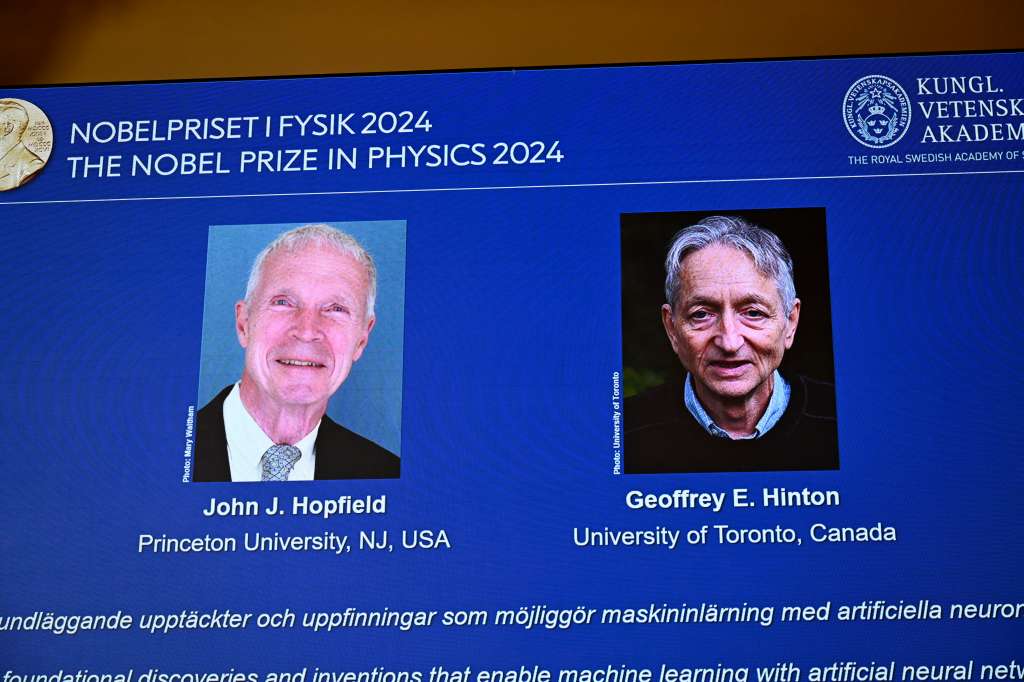 Stockholm (Sweden), 08/10/2024.- A screen shows the pictures of the 2024 Nobel Prize laureates in Physics, during a press conference in Stockholm, Sweden, 08 October 2024. The Royal Swedish Academy of Sciences has decided to award the Nobel Prize in Physics 2024 to John J. Hopfield and Geoffrey E. Hinton 'for foundational discoveries and inventions that enable machine learning with artificial neural networks', the Nobel statement reads. (Suecia, Estocolmo) EFE/EPA/Christine Olsson/TT SWEDEN OUT