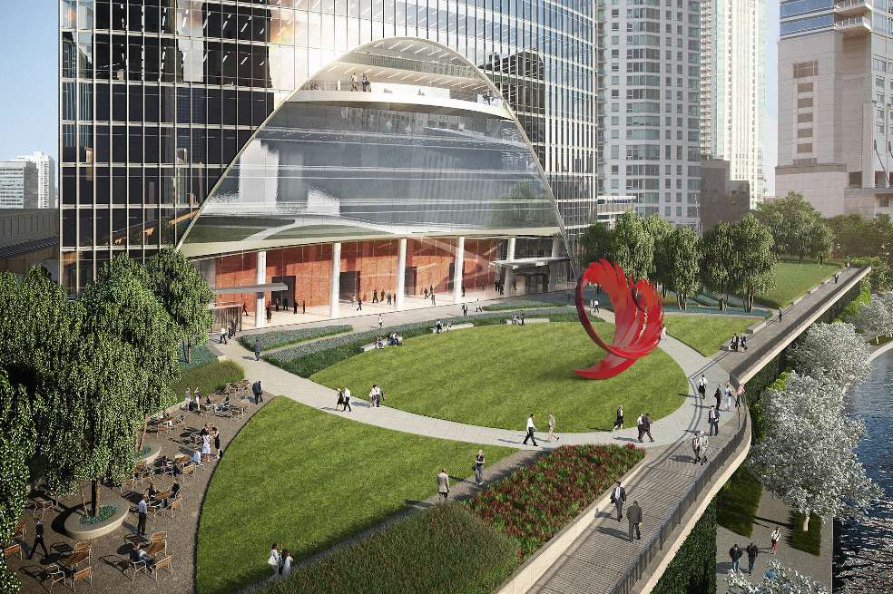 Fotografía de Constellation, una figura roja de nueve metros de alto por nueve metros de ancho, creada por Santiago Calatrava.