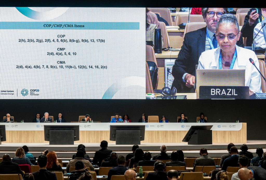Baku (Azerbaijan), 23/11/2024.- A handout picture made available by COP29 Azerbaijan shows Brazil's Minister of Environment Marina Silva (R) attends a plenary meeting at the UN Climate Change Conference COP29 in Baku, Azerbaijan, 23 November 2024. (Azerbaiyán, Brasil) EFE/EPA/COP29 AZERBAIJAN / HANDOUTS HANDOUT EDITORIAL USE ONLY/NO SALES