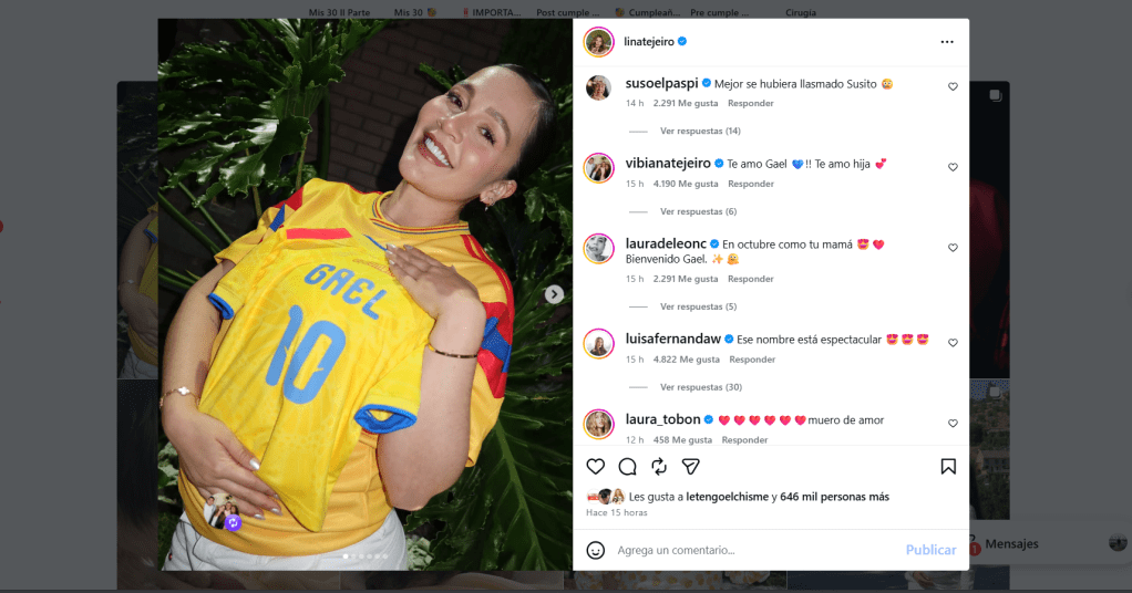 Lina Tejeiro reveló el nombre y sexo de su bebé; una camiseta de Colombia lo confirmó