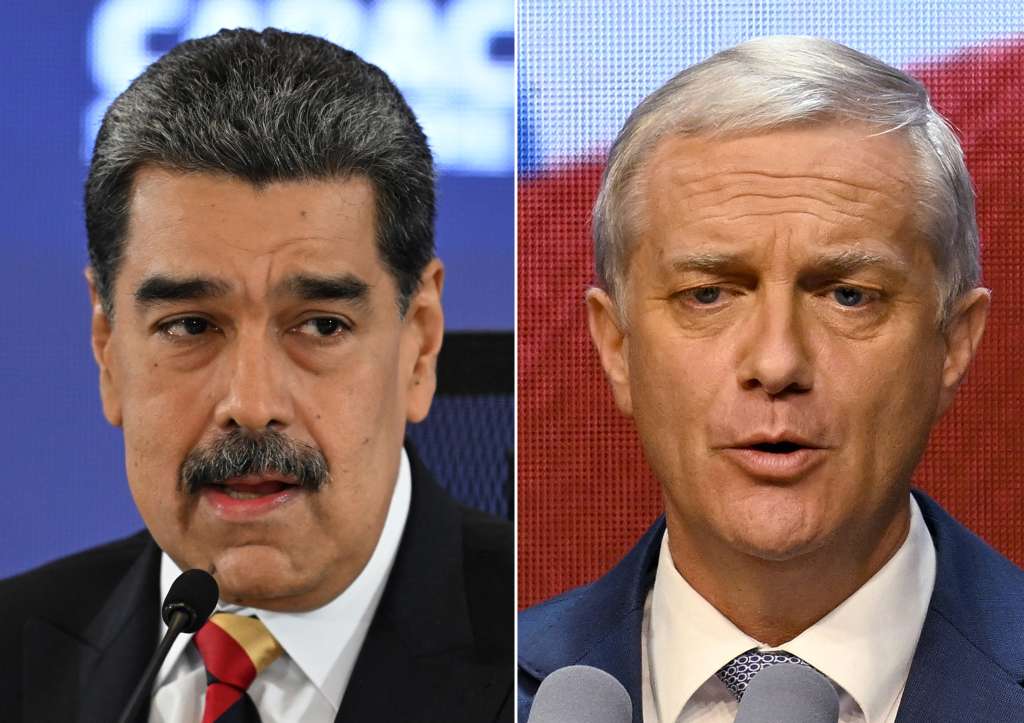 (COMBO) This combination of pictures created on December 16, 2025, shows Venezuela's President Nicolas Maduro showing a book about the Caribbean during a press conference in Caracas, on September 1, 2025, and Chile's presidential candidate Jose Antonio Kast, of the Partido Republicano party, giving a speech as he celebrates the results of the presidential runoff election in Santiago on December 14, 2025. Venezuelan President Nicolas Maduro compared Chile�s president-elect Jose Antonio Kast to Adolf Hitler and demanded he �respect� Venezuelans in Chile, after Kast vowed to expel irregular migrants whom he links to crime. (Photo by Juan BARRETO and Eitan ABRAMOVICH / AFP)
