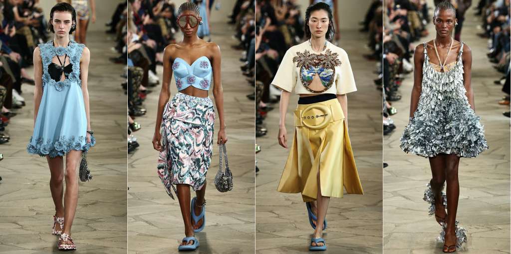 (COMBO) This combination of pictures created on October 02, 2025 shows
models presenting creations by Rabanne for the Women Ready-to-wear Spring-Summer 2026 collection as part of the Paris Fashion Week, at UNESCO headquarters, in Paris on October 2, 2025.