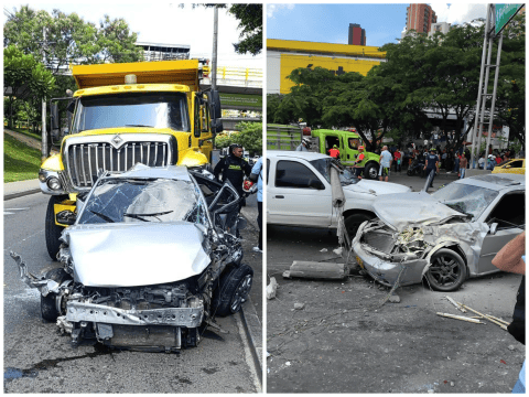 Volqueta se quedó sin frenos y provocó choque entre 12 carros, en Medellín; hay tres heridos