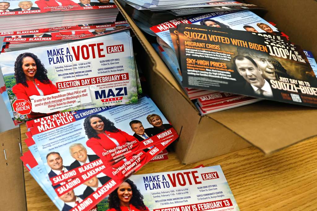 Franklin Square (United States), 13/02/2024.- Campaign flyers are displayed during a campaign rally for Republican congressional candidate Mazi Pilips, who is running in the special election to be held on 13 February in New York's 3rd Congressional District at Republican headquarters in Franklin Square, New York, USA, 12 February 2024. The special election was required because of the expulsion of Congressman George Santos. (Nueva York) EFE/EPA/Peter Foley