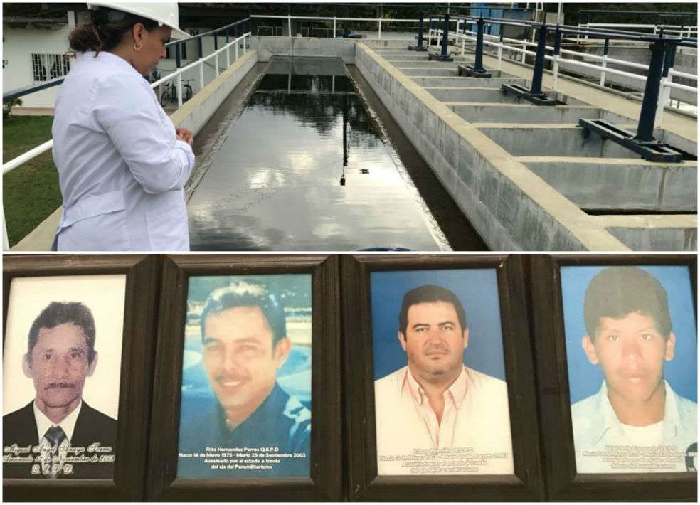 Yenny Núñez, microbióloga de la planta de tratamiento del acueducto de Saravena y a su lado los trabajadores del acueducto asesinados por paramilitares: (Arriba) Miguel Ángel Anaya, asesinado el 17 de noviembre de 2003; Rito Hernández, asesinado el 23 de septiembre de 2003; (Abajo) Édgar Mantilla, asesinado el 15 de agosto de 2003 y Uriel Ortíz Coronado, asesinado el 23 de junio de 2003./ El Espectador- Archivo Familiar.