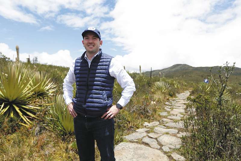 Virginijus Sinkevičius, EU Commissioner for Environment, Oceans and Fisheries, poses for a photo during his visit to the moorland El Verjón páramo in Bogotá on April 26, 2022.
