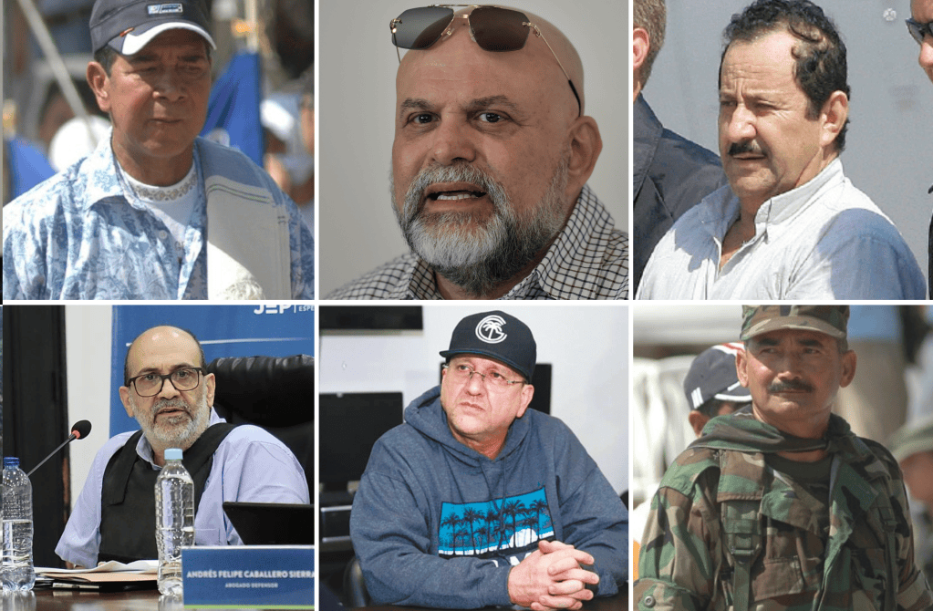 De izq. a der., los exjefes de las AUC Ramón Isaza (arriba), Salvatore Mancuso, Ramón Isaza, Rodrigo Tovar (abajo), Carlos Mario Jiménez y Ramiro Cuco Vanoy.