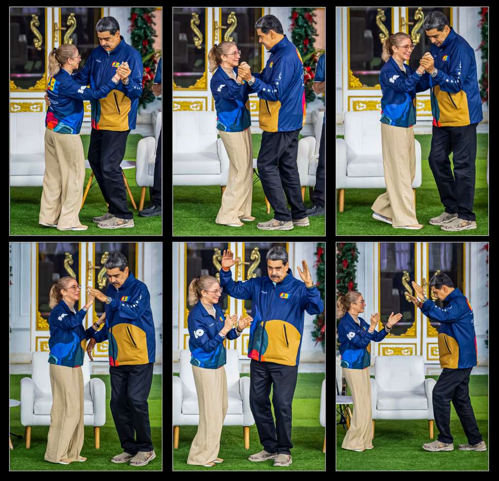 AME1400. CARACAS (VENEZUELA), 28/11/2025.- Combo de fotografías del 21 de Noviembre de 2025 donde se observa al presidente de Venezuela, Nicolás Maduro, bailando con la primera dama Cilia Flores durante un acto en el palacio presidencial de Miraflores, en Caracas (Venezuela). EFE/ Miguel Gutiérrez