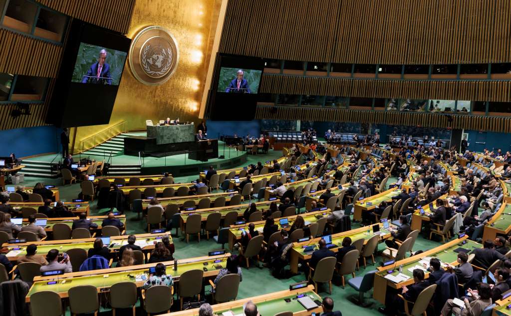 New York (United States), 22/02/2023.- United Nations Secretary-General Antonio Guterres speaks during the 11th Emergency Session of the United Nations on the conflict in Ukraine at United Nations headquarters in New York, New York, USA, 22 February 2023. (Ucrania, Estados Unidos, Nueva York) EFE/EPA/JUSTIN LANE