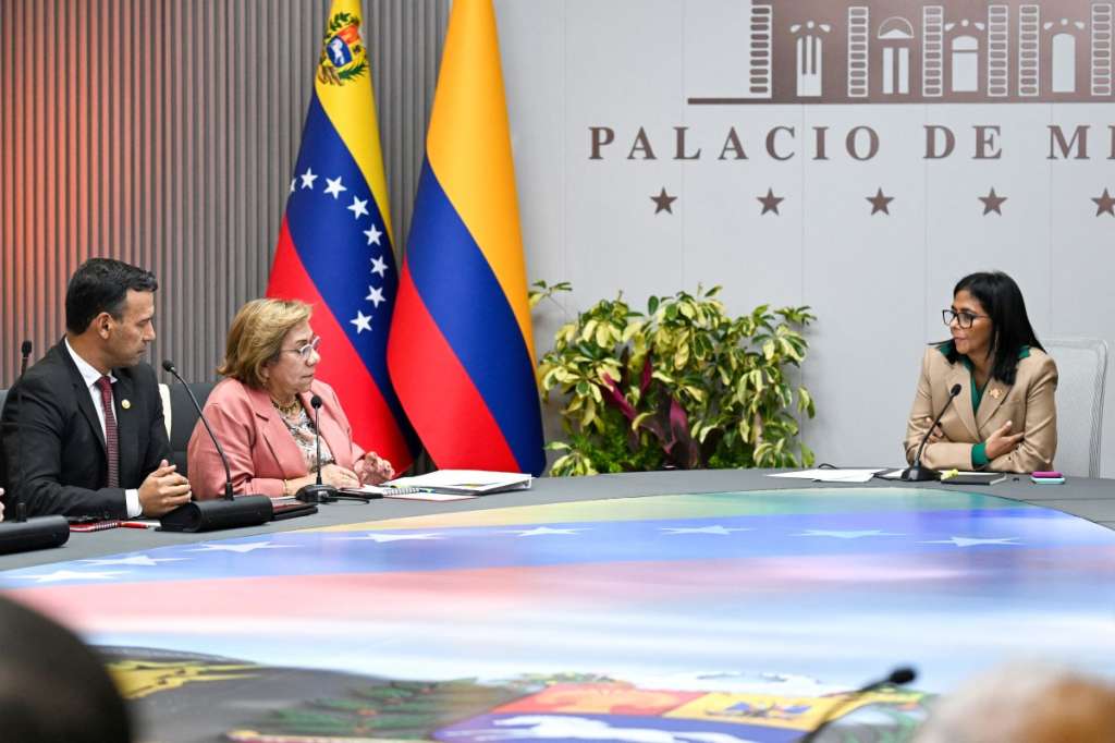 Venezuela's interim President Delcy Rodriguez (R) meets with Colombia's Foreign Minister Rosa Yolanda Villavicencio (C) and Defense Minister Pedro Arnulfo Sanchez (L) at the Miraflores Presidential Palace in Caracas on March 13, 2026.