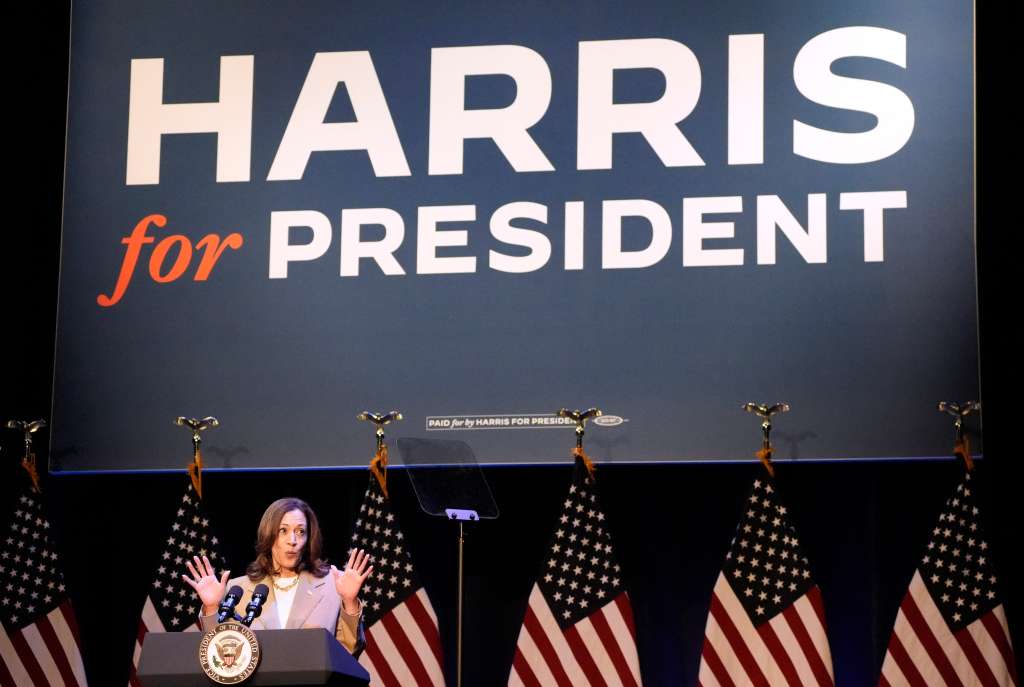 US Vice President and Democratic presidential candidate Kamala Harris speaks during a campaign fundraising event at the Colonial Theater in Pittsfield, Massachusetts, on July 27, 2024. (Photo by Stephanie Scarbrough / POOL / AFP)