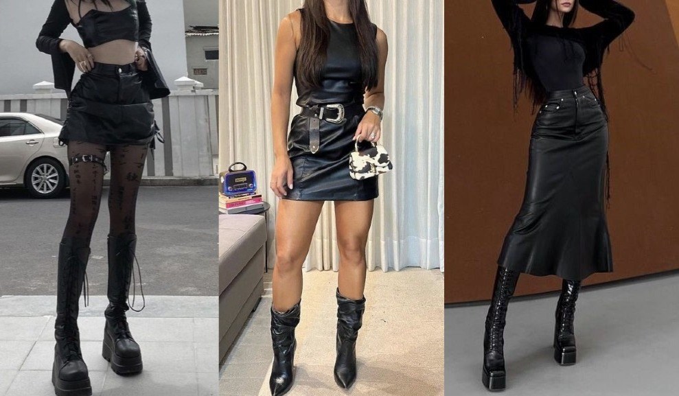 Las faldas de cuero y las botas siguen en el frente del mundo de la ropa y su impacto rebelde es el encanto que domina la moda urbana.