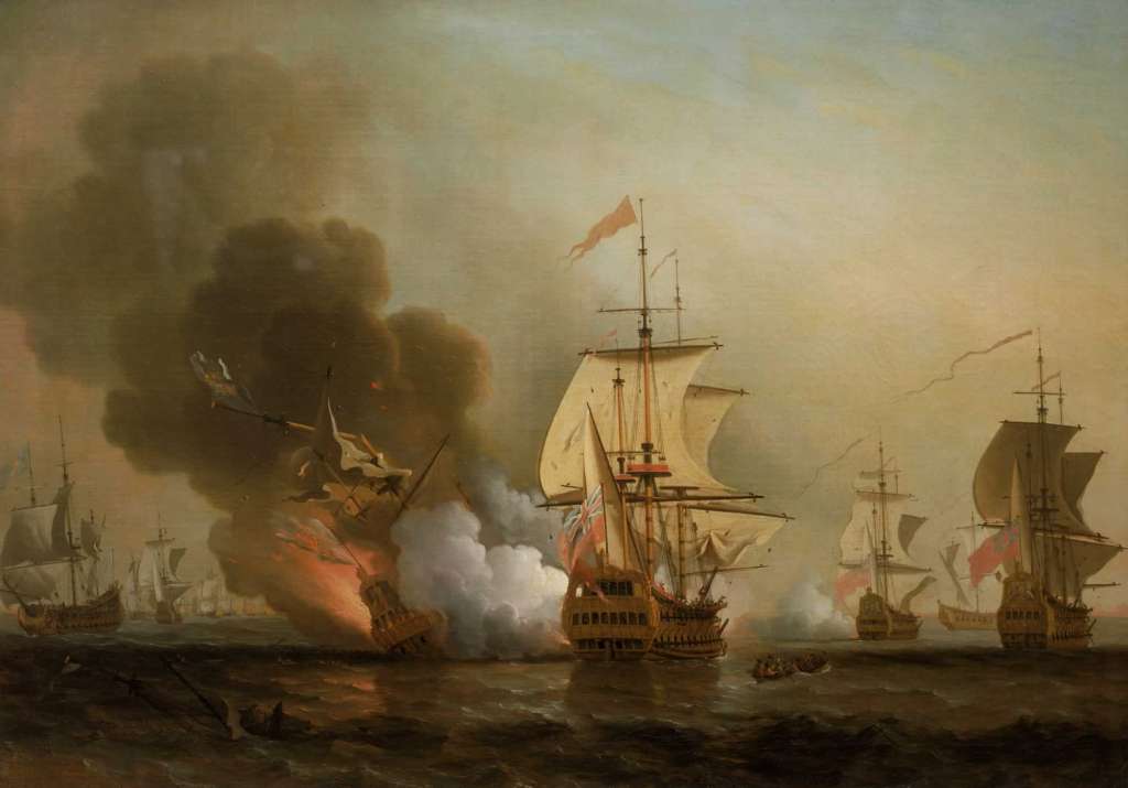 En esta pintura, se ve representada la versión original del hundimiento, con el San José envuelto en llamas debido a una explosión.
