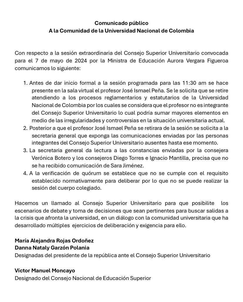 Comunicado público de María Alejandra Rojas y Danna Garzón, designadas del presidente Petro, y Victor Moncayo, nuevo representante del Consejo Nacional de Educación Superior.