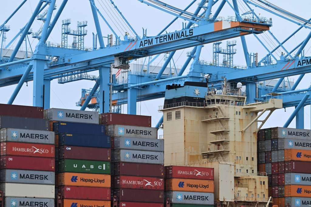 Containers on a ship at APM Terminal at the Port of Los Angeles on April 30, 2025 in the San Pedro neighborhood of Los Angeles, California.