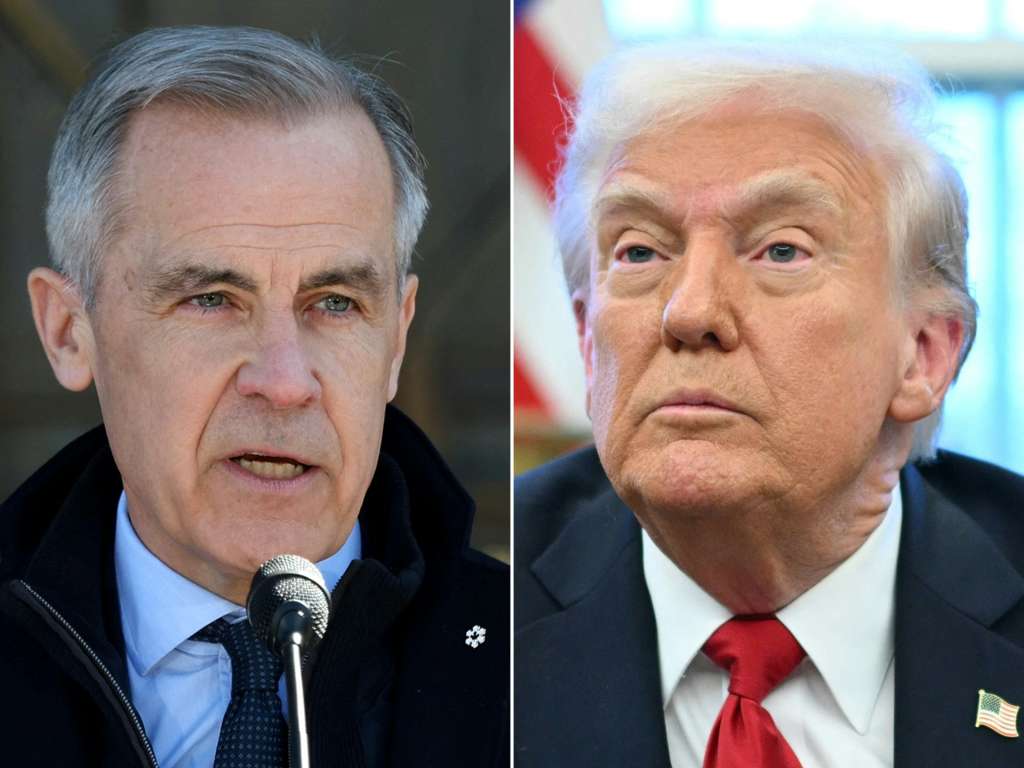 (COMBO) This combination of pictures created on March 28, 2025 shows
Canada's Prime Minister Mark Carney speaks at a news conference at Rideau Hall in Ottawa on March 23, 2025.
US President Donald Trump announces tariffs on auto imports in the Oval Office of the White House in Washington, DC, on March 26, 2025.