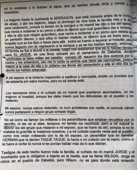 Este es el documento de la Fiscalía, en el que se toma una entrevista a Rubiela Manco, esposa de Edinson Lezcano, el 20 de mayo de 2010, ocho años después de su asesinato.)