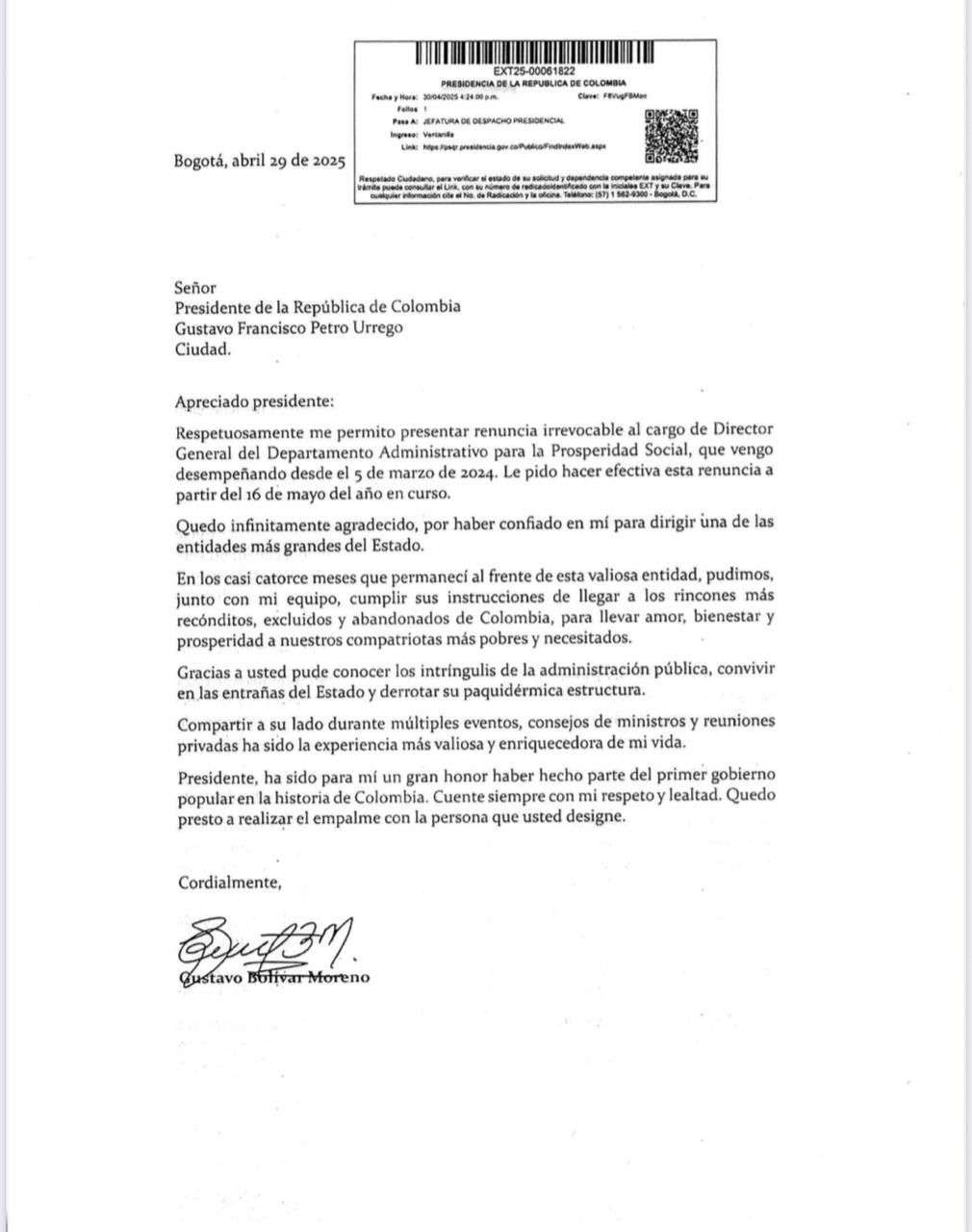 Carta de renuncia de Gustavo Bolívar.