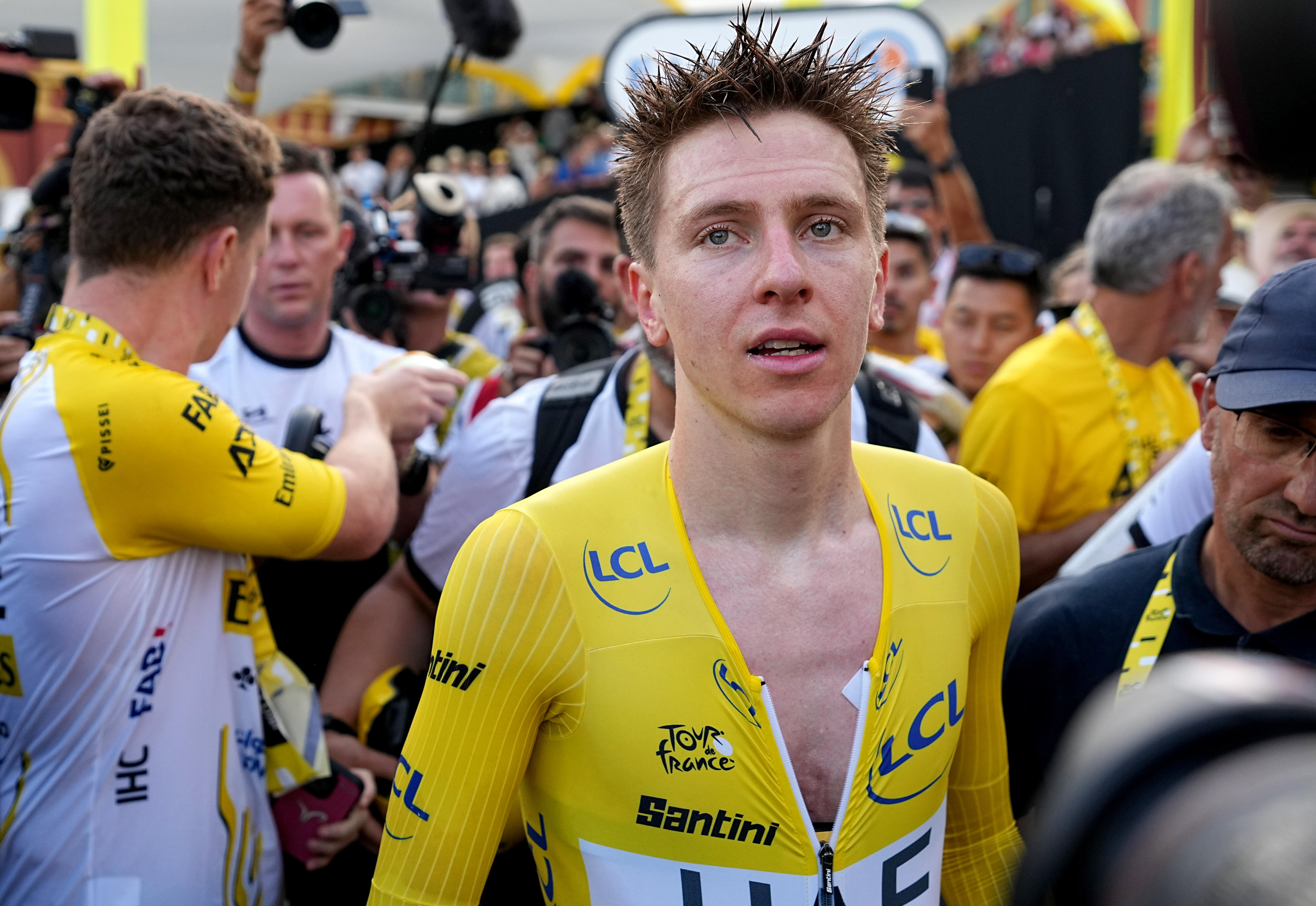 Nice (France), 21/07/2024.- Yellow jersey Slovenian rider Tadej Pogacar of UAE Team Emirates celebrates after he wins the 21st stage of the 2024 Tour de France cycling race over 33km Individual time-trial (ITT) from Monaco to Nice, 21 July 2024. (Ciclismo, Francia, Eslovenia, Niza) EFE/EPA/LAURENT CIPRIANI / POOL