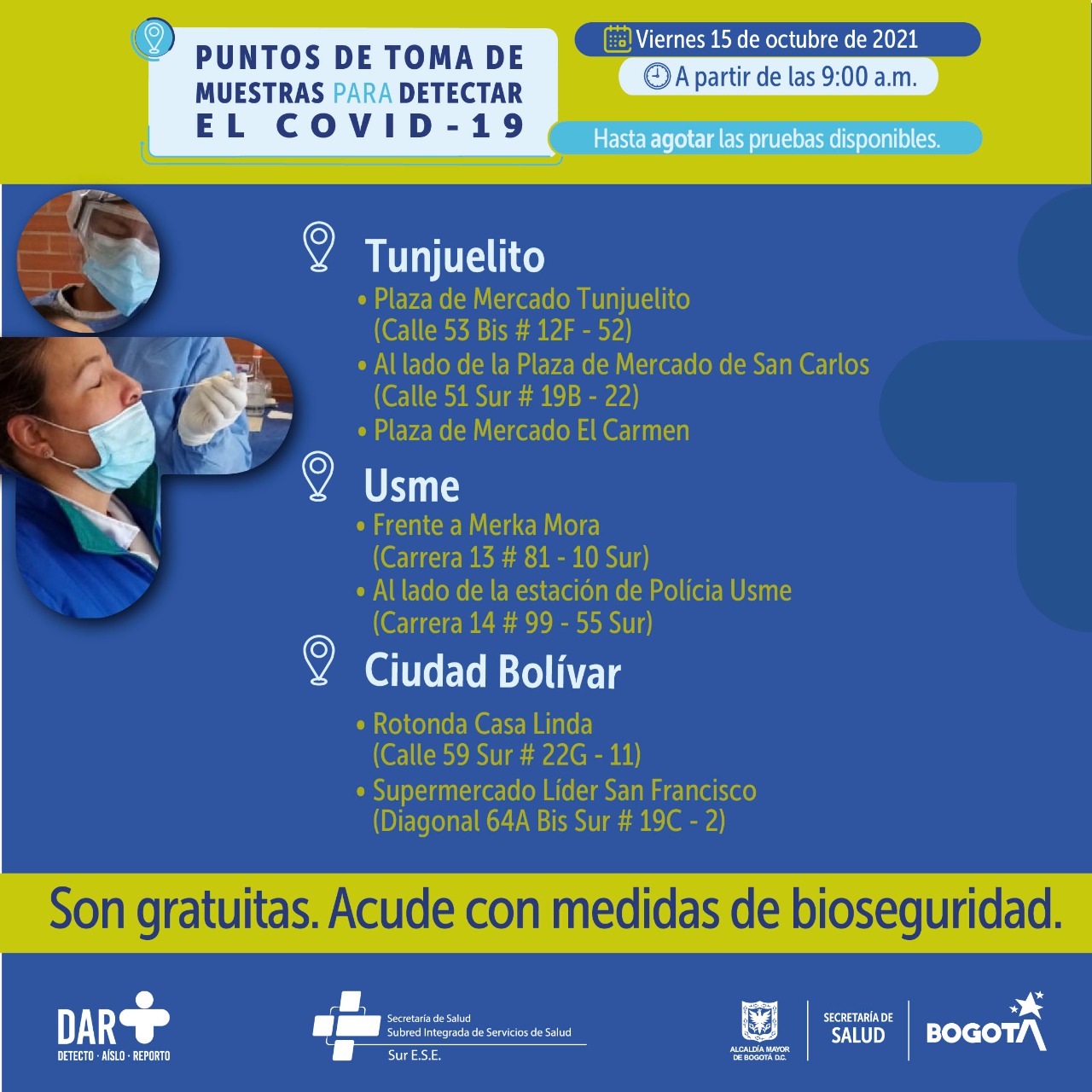 ¿Dónde hay pruebas gratuitas para Covid-19 este viernes en Bogotá?