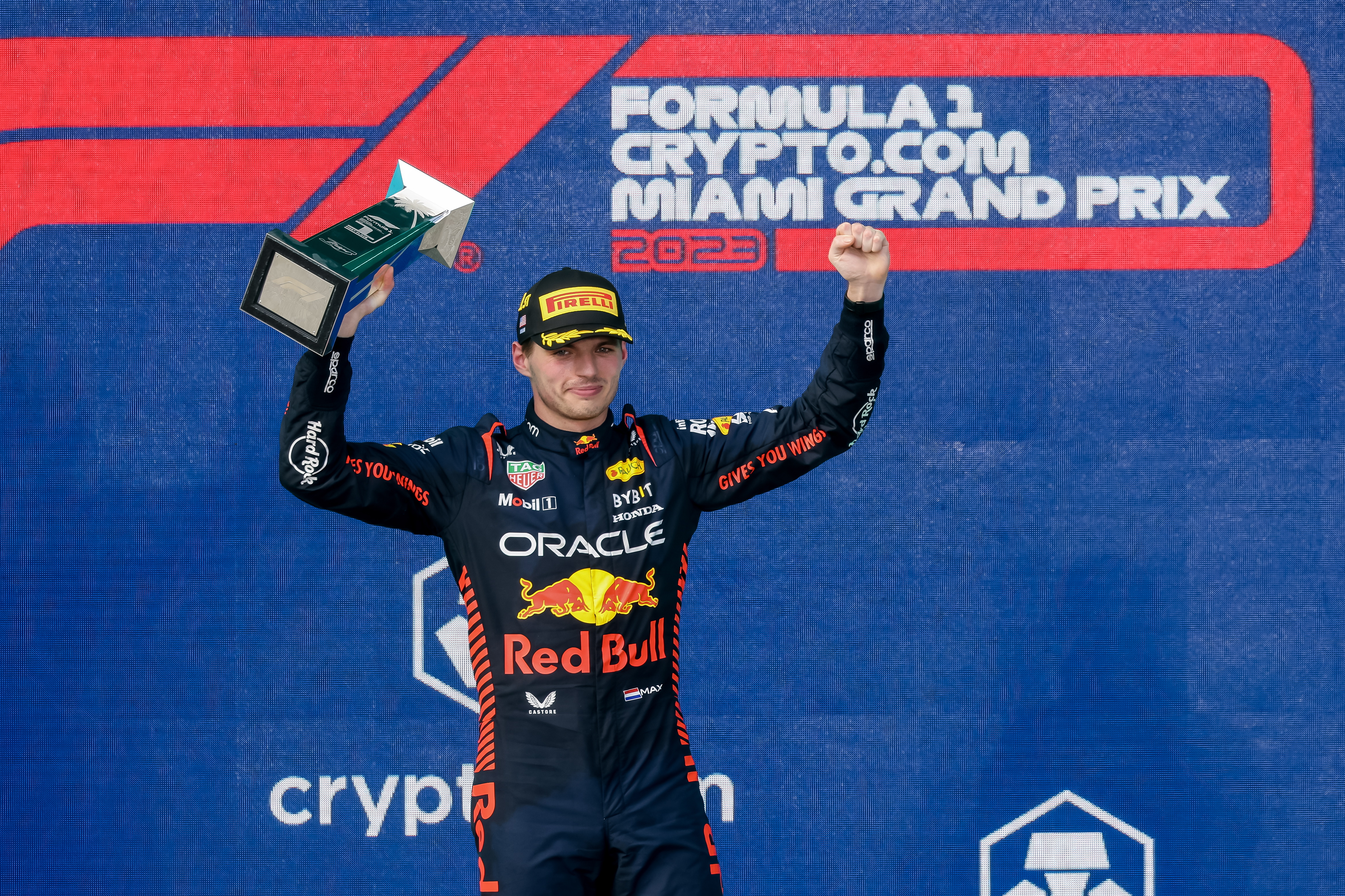 Miami Gardens (United States), 07/05/2023.- First place finisher Dutch Formula One driver Max Verstappen of Red Bull Racing reacts on the podium after winning the Formula 1 Miami Grand Prix at the Miami International Autodrome circuit in Miami Gardens, Florida, USA, 07 May 2023. (Fórmula Uno, Estados Unidos, Roma) EFE/EPA/CRISTOBAL HERRERA-ULASHKEVICH