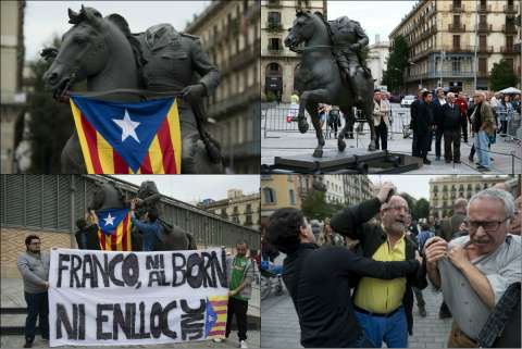 Imágenes de la turbulenta exhibición de una estatua de Franco en Barcelona, España