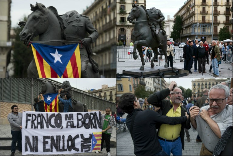 Imágenes de la turbulenta exhibición de una estatua de Franco en Barcelona, España