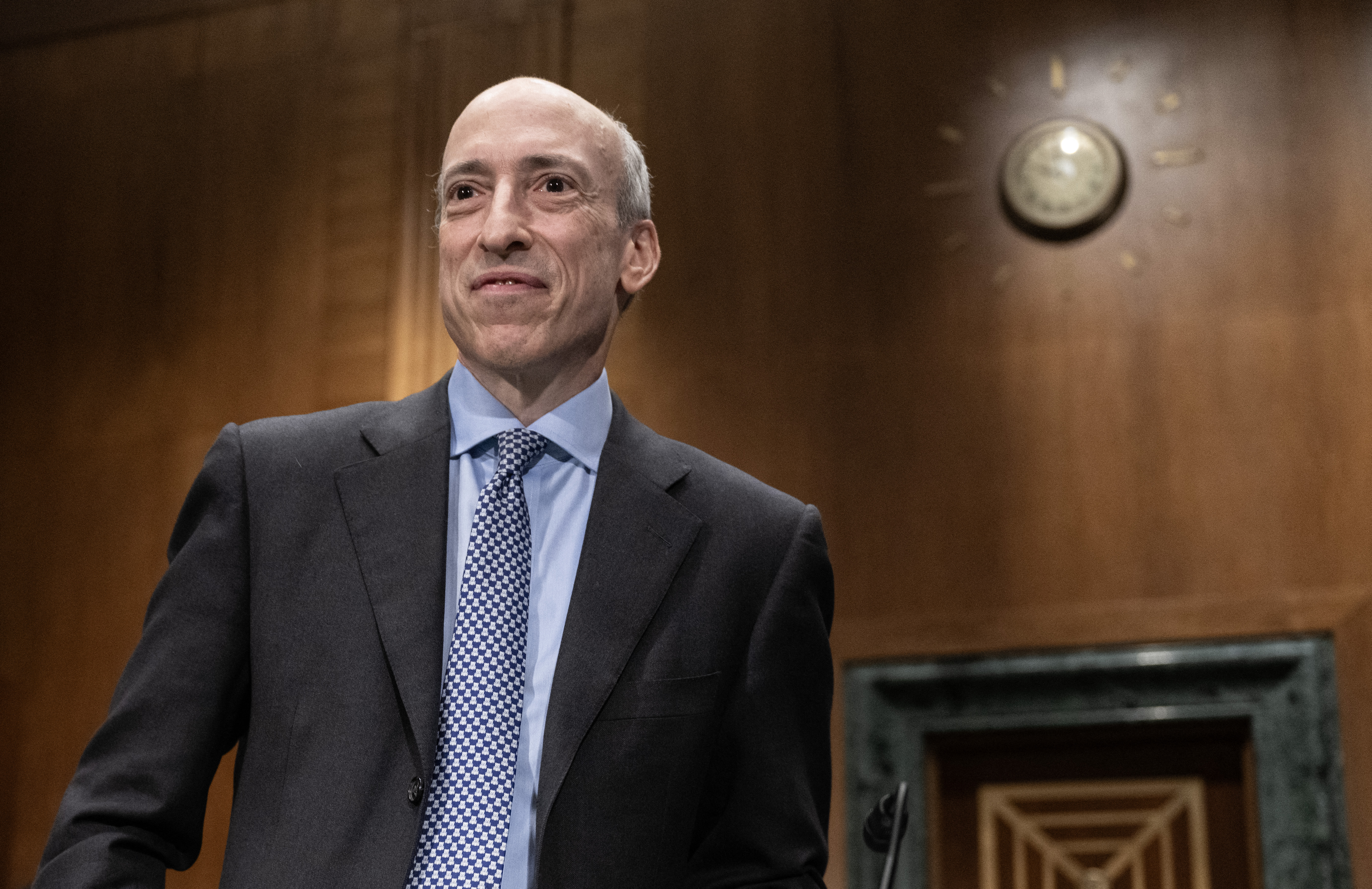 (FILES) Gary Gensler, Chair of the US Securities and Exchange Commission, arrives to testify during a Senate Banking, Housing, and Urban Affairs oversight hearing to examine the US Securities and Exchange Commission, on Capitol Hill in Washington, DC, on September 12, 2023.