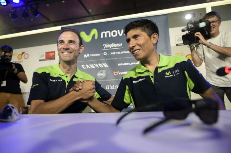 Alejandro Valverde y Nairo Quintana en la rueda de prensa del equipo Movistar previo al Tour de Francia. Foto: AFP