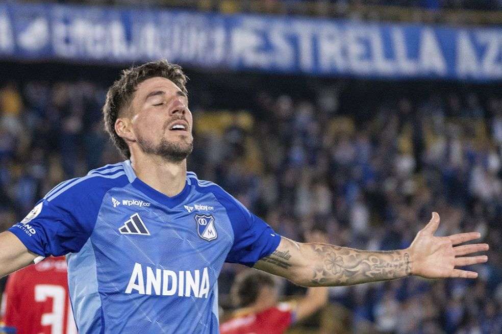 Santiago Giordana celebra su primera anotación del semestre ante Deportivo Pasto.