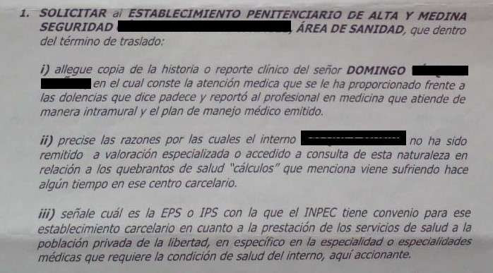 Tutela fallada a favor de un interno