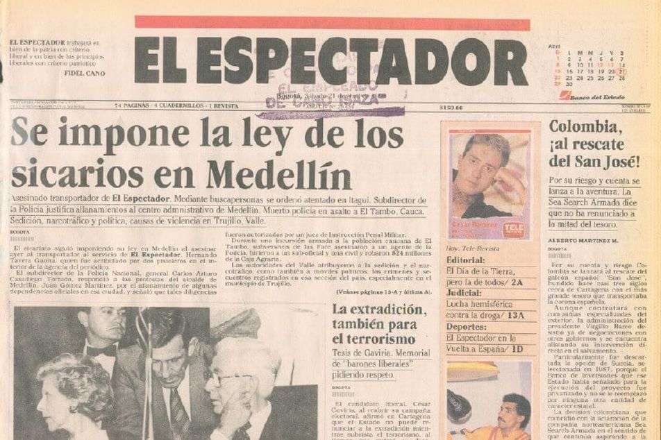 Esta es la portada de El Espectador de abril de 1990. La ley de los sicarios no solo estaba detrás de policías, sino que en esa fecha, el cartel de Medellín asesinó un transportador del diario.