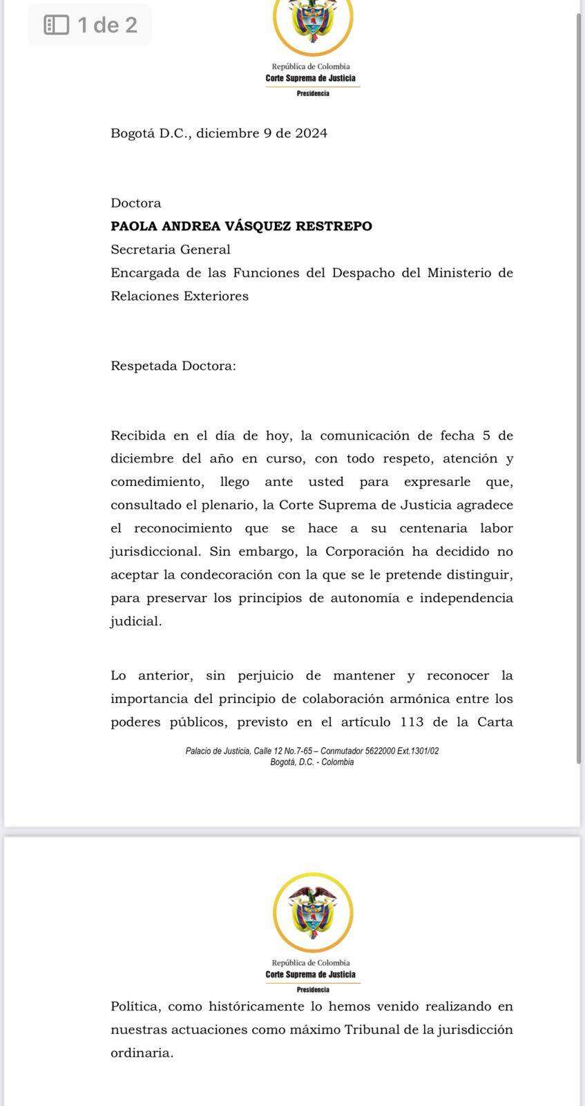 Corte Suprema de Justicia rechazó la condecoración que le ofreció el gobierno de Gustavo Petro.