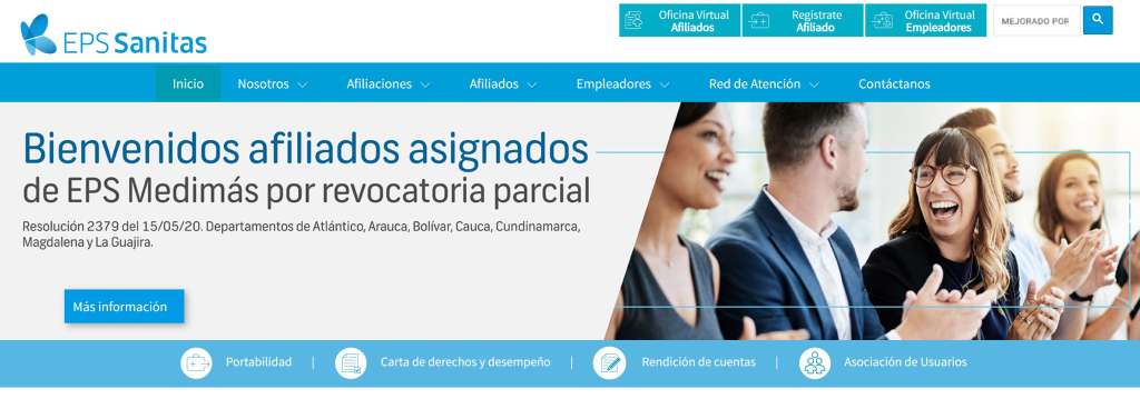 Así se ve ahora la página web de la EPS Sanitas.
