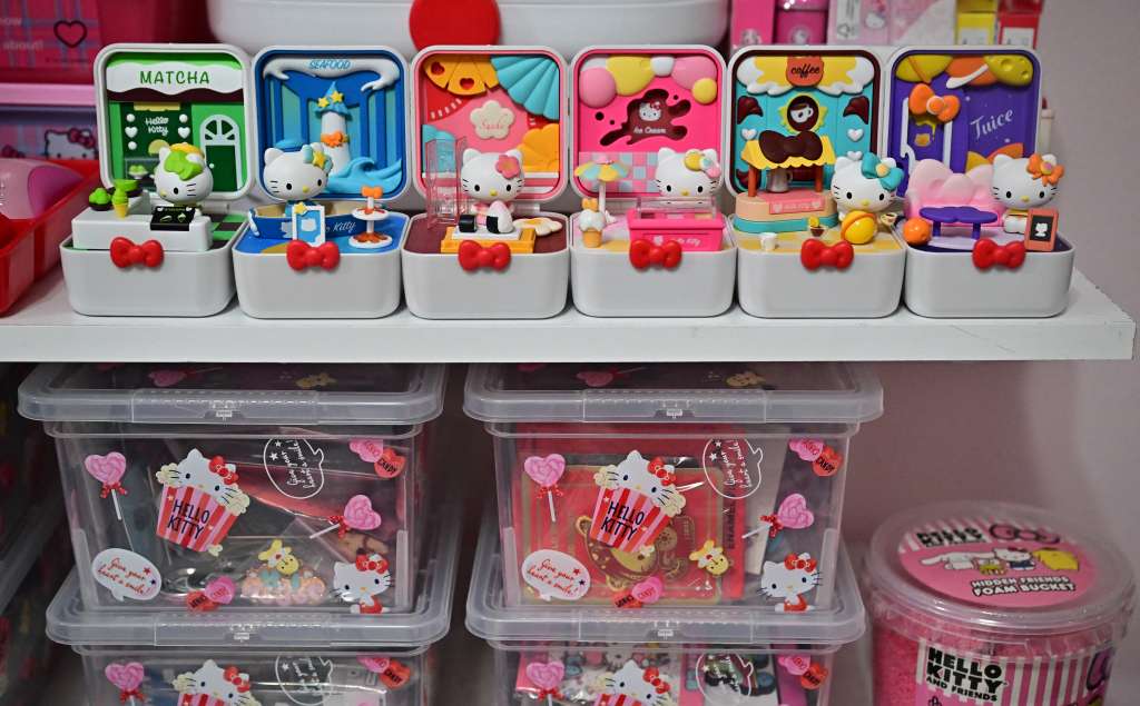 This picture taken on October 19, 2024 shows items that are part of Helen's collection, founder of the 'Hello Kitty SoCal Babes' fan club, inside her "she-shed" in Riverside County, California.