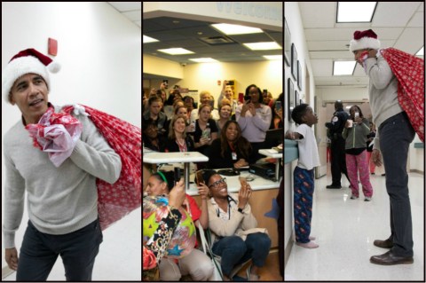 Obama se vistió de papá Noel y le entregó regalos a niños en un hospital