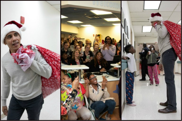 Obama se vistió de papá Noel y le entregó regalos a niños en un hospital