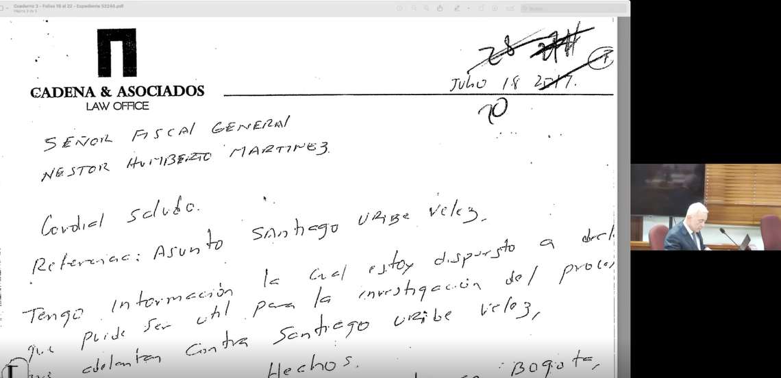 La carta enviada por alias Víctor a la Fiscalía.