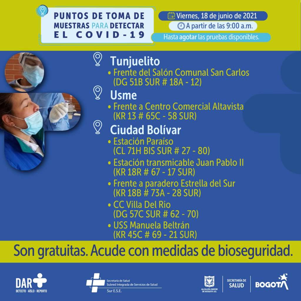 Pruebas COVID-19 en Bogotá: estos son los puntos para este viernes 18 de junio