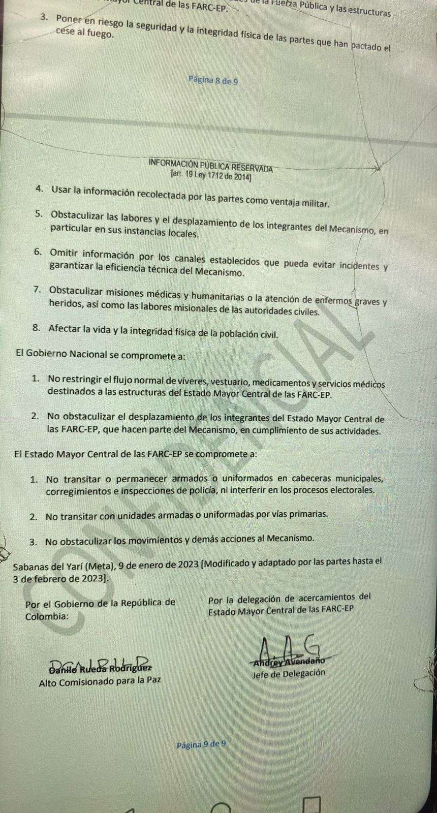 Aparte del protocolo de cese al fuego sobre los compromisos que adquirirán el Gobierno Nacional y la disidencia de Iván Mordisco. El cese al fuego iría hasta el 30 de junio.