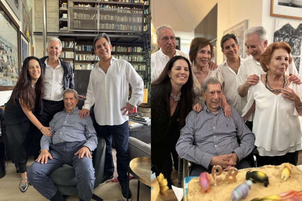 Mario Vargas Llosa celebrando su cumpleaños junto a sus hijos y esposa, Patricia Llosa.