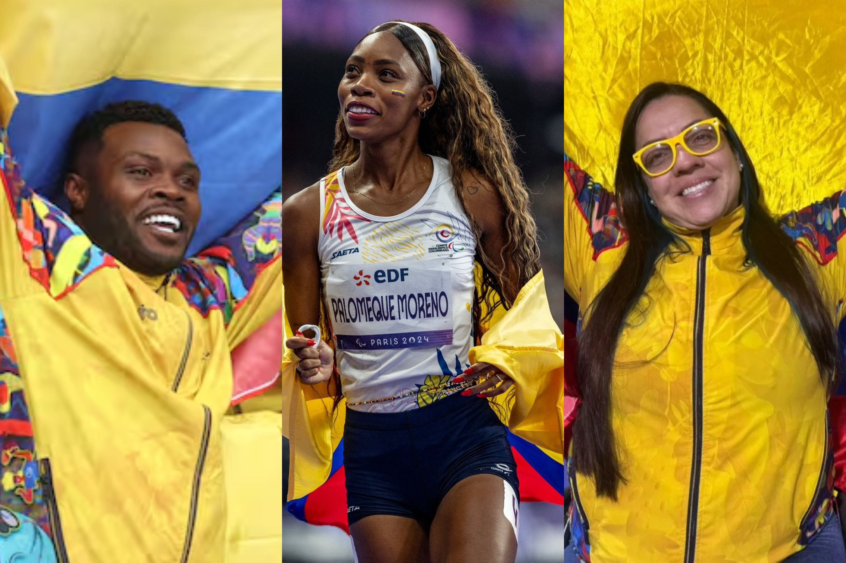 Karen Palomeque (cent.), en los 100 metros; José Gregorio Lemos (izq.), en el lanzamiento de jabalina, y Erica Castaño, en el lanzamiento de bala, son los tres oros de Colombia en París 2024.