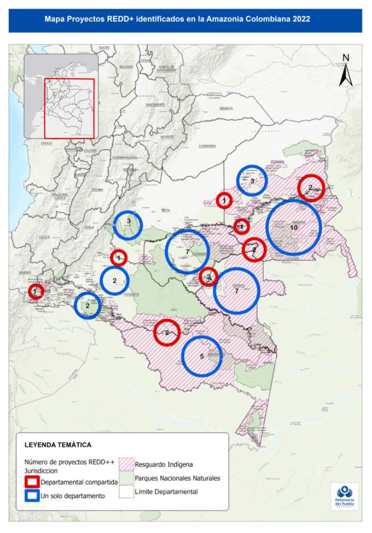 Mapa con los proyectos de bonos de carbono en la Amazonia colombiana.
